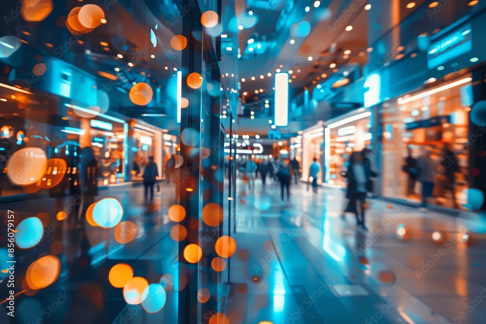Shopping mall interior with vibrant lights and blurred silhouettes of people, creating a lively and dynamic atmosphere. Shopping mall interior with vibrant lights and blurred silhouettes of people, creating a lively and dynamic atmosphere.