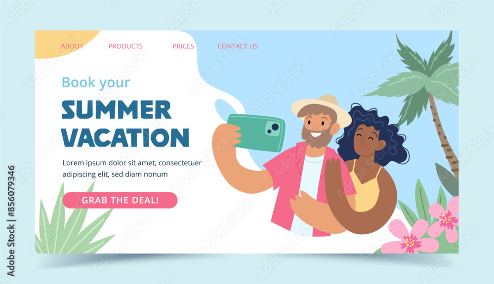 Fototapeta premium Travel destinations summer landing page. Happy couple taking a selfie with a smartphone. Concept vector illustration