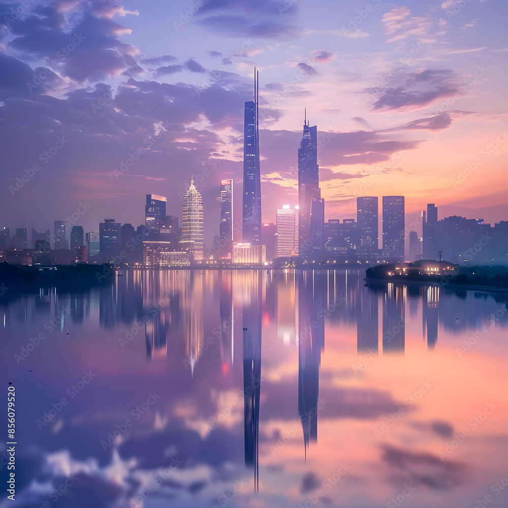 Serene Evening Cityscape with Twilight Sky and Illuminated Skyline Reflecting on Calm River Serene Evening Cityscape with Twilight Sky and Illuminated Skyline Reflecting on Calm River