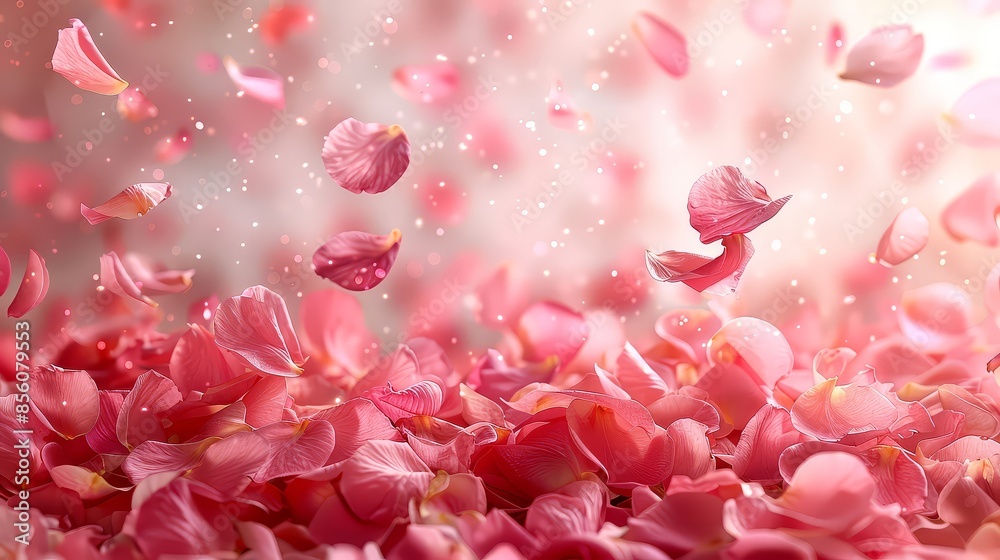 Fototapeta premium Many tender pink petals randomly flying in the air.
