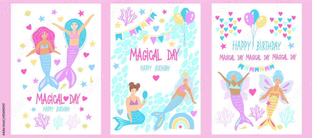 Cute little mermaid clipart. Vector illustration. Kids birthday invation. Childrens magic posters, cards. Cute little mermaid clipart. Vector illustration. Kids birthday invation. Childrens magic posters, cards.