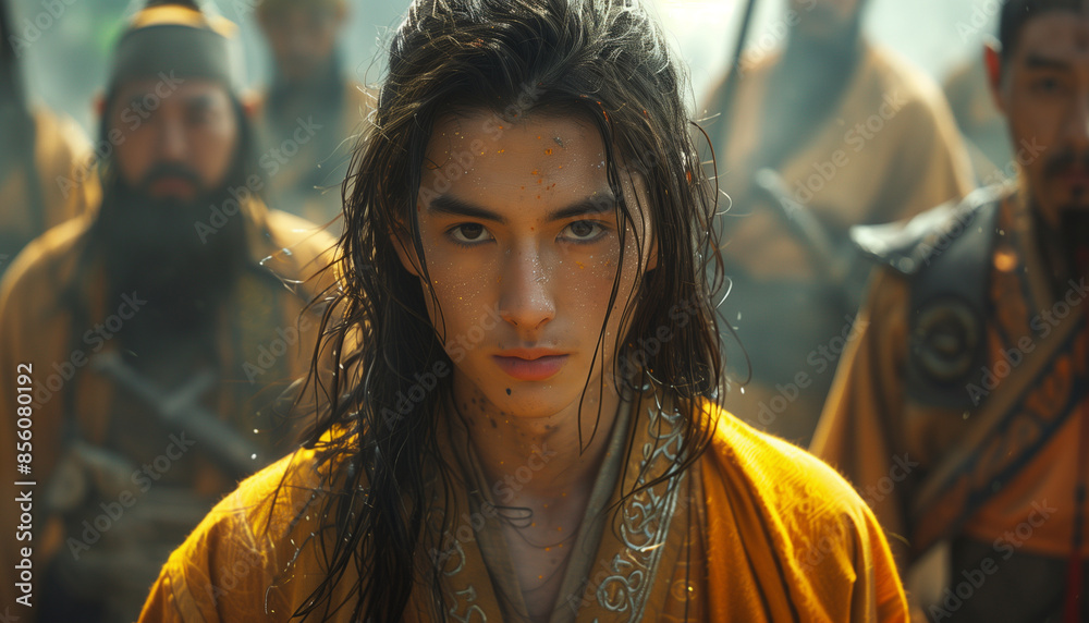 Group of Asian warriors in traditional attire, with intense expressions and detailed armor, historical context, 4K, 16:9 Group of Asian warriors in traditional attire, with intense expressions and detailed armor, historical context, 4K, 16:9