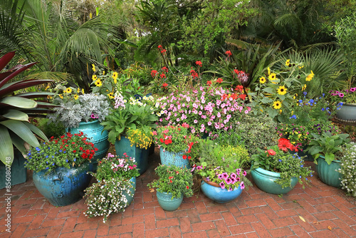 Bright colorful arrangement of blue ceramic pots and flowers on display in Orlando, Florida, USA. 