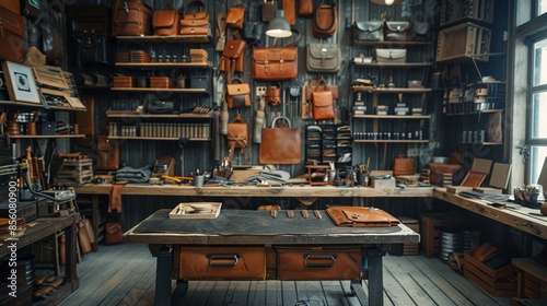A meticulously organized artisan's sanctuary, where skilled hands craft exquisite leather goods with a keen eye for detail and quality. Created with Generative AI. photo