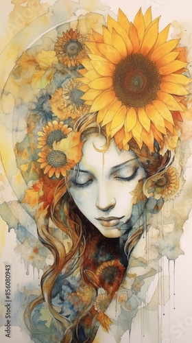 Ethereal Portrait of a Woman with Sunflowers in Watercolor Art Style, Blending Nature and Beauty
