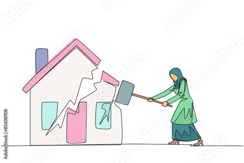 Single continuous line drawing Arabian businesswoman preparing to hit miniature house. Metaphor of house as collateral for payment. Fails. Home is gone. Bankrupt. One line design vector illustration