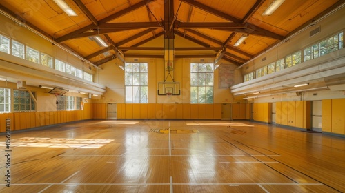 Spacious Indoor Gymnasium with Wooden Floors and Basketball Hoops  Generative AI