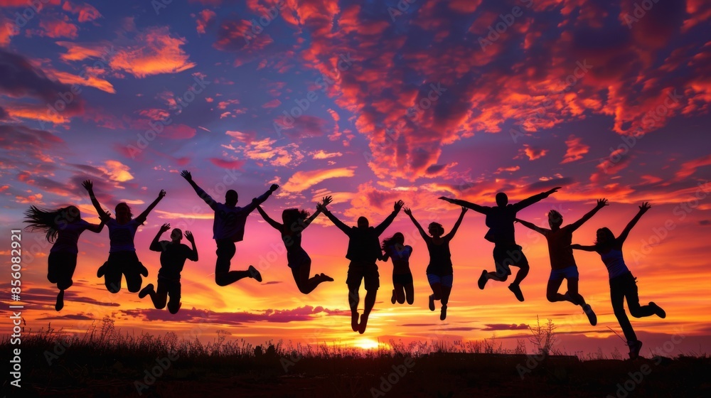 A group of friends jumping in the air, their silhouettes captured against a vibrant sunset sky. A group of friends jumping in the air, their silhouettes captured against a vibrant sunset sky.