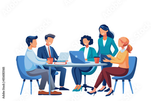 Team of business people having a meeting in an office white background modern flat design simple vector illustration isolated transparent background;