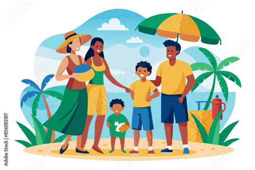 Happy Brazilian family enjoying time together at the beach white background modern flat design simple vector illustration isolated transparent background