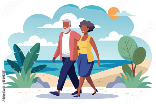 Happy older African American couple enjoying a seaside walk together white background modern flat design simple vector illustration isolated transparent background