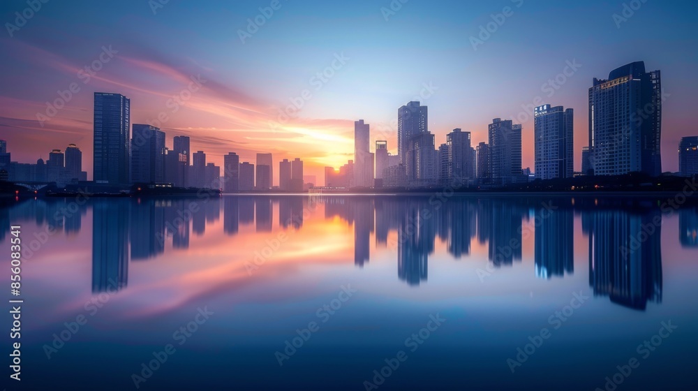 A high-rise building skyline reflected perfectly in a river at dawn, creating a peaceful urban scene. A high-rise building skyline reflected perfectly in a river at dawn, creating a peaceful urban scene.