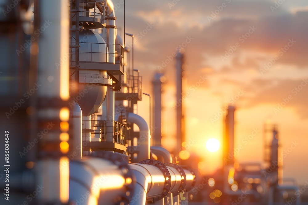 Industrial factory at sunset with pipelines and machinery Industrial factory at sunset with pipelines and machinery
