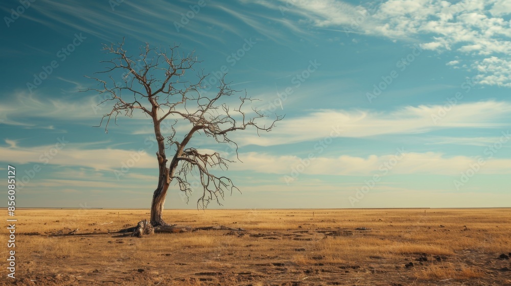 A lone, dried-up tree standing in the middle of a barren, drought-stricken field. A lone, dried-up tree standing in the middle of a barren, drought-stricken field.