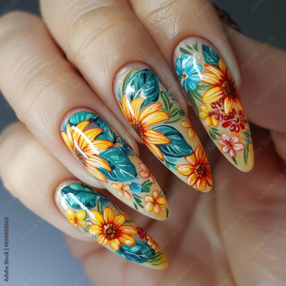 Floral Nail Art with Sunflowers and Green Leaves Floral Nail Art with Sunflowers and Green Leaves