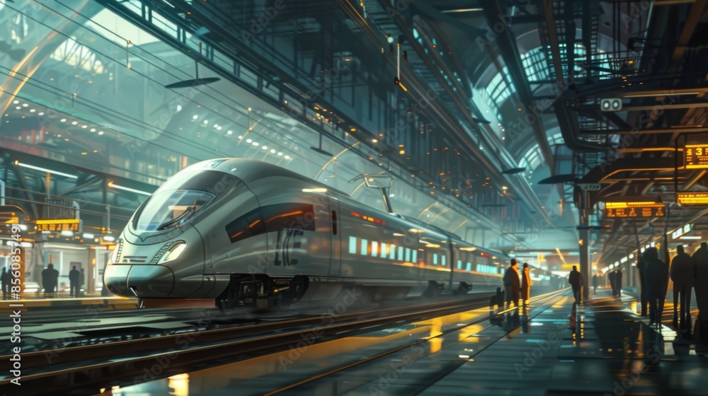 A modern high-speed train arriving at a futuristic train station, passengers eagerly waiting on the platform. A modern high-speed train arriving at a futuristic train station, passengers eagerly waiting on the platform.