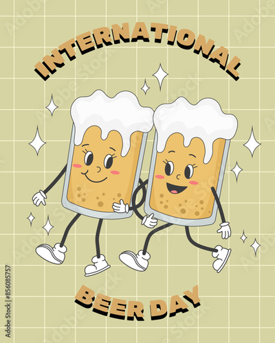 Happy international beer day. Retro groovy beer characters walking. Vintage vector illustration.