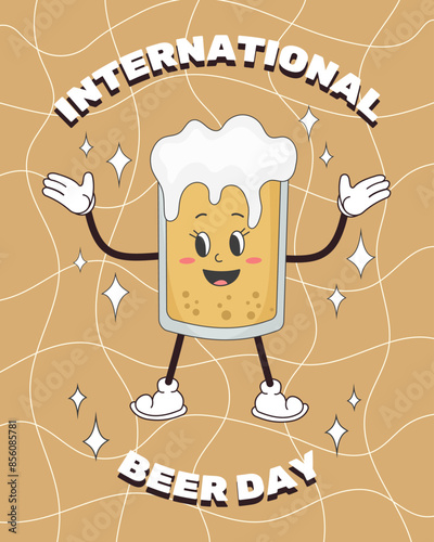 Happy international beer day. Retro groovy beer character. Vintage vector illustration.