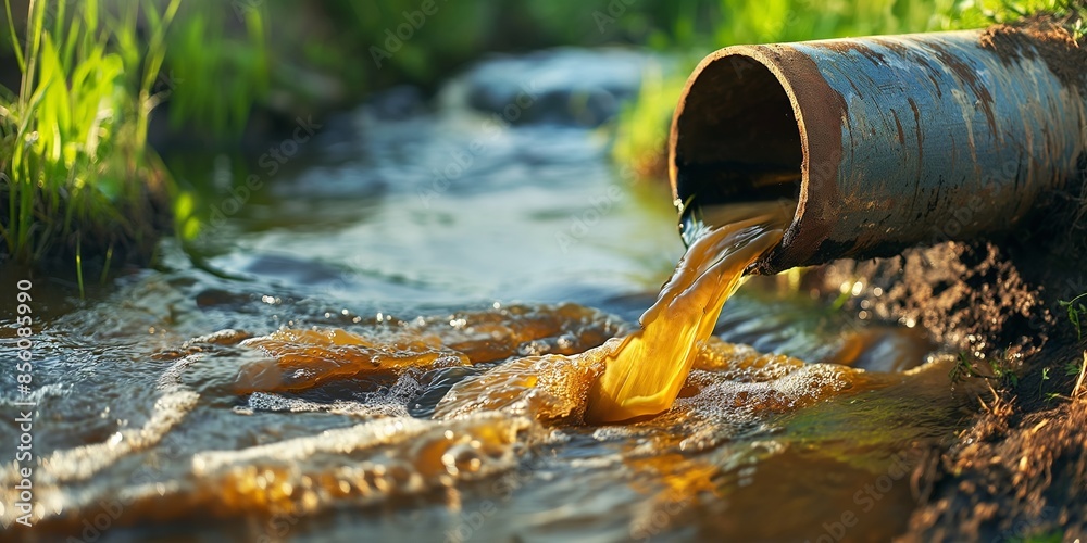 Untreated sewage water pouring out of an old pipe into a river. This illustrates the concept of waste management, environmental management, recycling and environmental protection. Untreated sewage water pouring out of an old pipe into a river. This illustrates the concept of waste management, environmental management, recycling and environmental protection.
