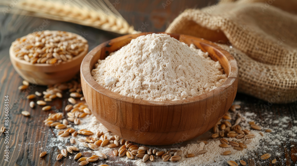 Organic wheat and wheat flour bowl with copy space Organic wheat and wheat flour bowl with copy space