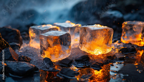 Ice cubes melting on hot coal, juxtaposing cold and heat, symbolizing contrast, change, and transformation