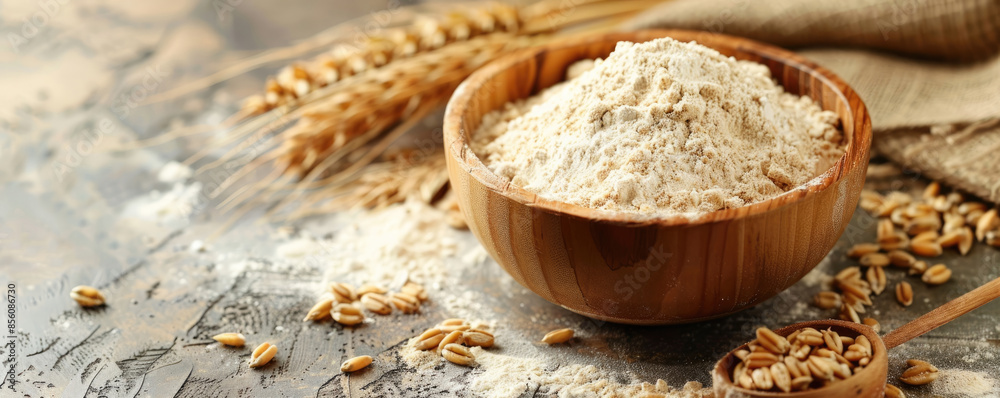 Organic wheat and wheat flour bowl with copy space Organic wheat and wheat flour bowl with copy space