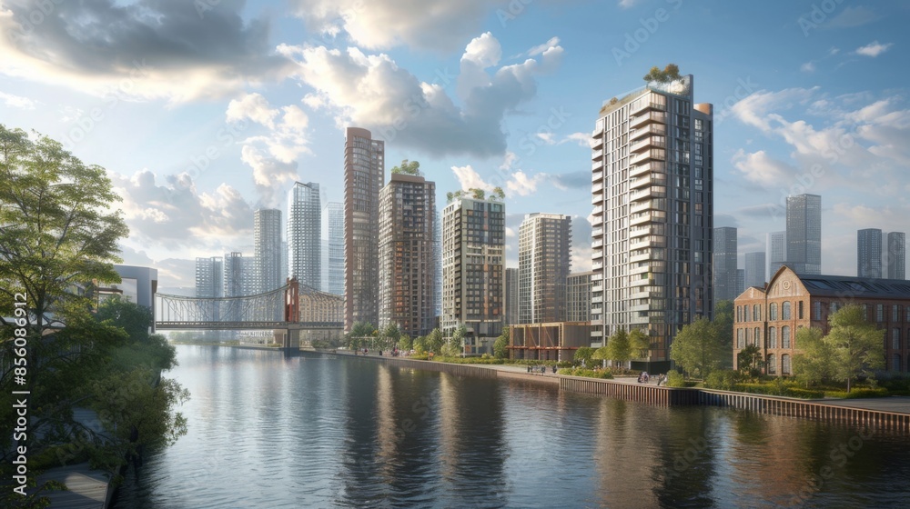 Fototapeta premium A row of high-rise buildings along a river, with a bridge in the background connecting both sides.