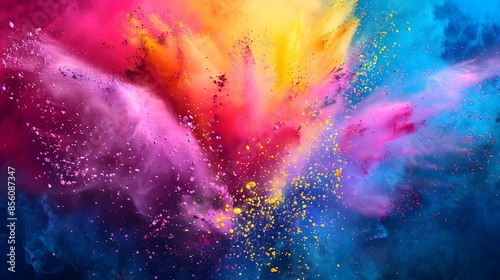 Vibrant images of colorful rainbow holi paint splashes and color powder explosions.