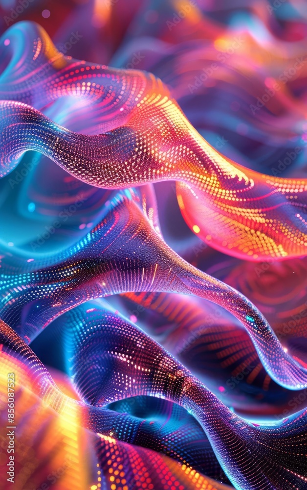 Abstract digital art with holographic patterns, bright colors, 3D rendering, hightech aesthetics Abstract digital art with holographic patterns, bright colors, 3D rendering, hightech aesthetics