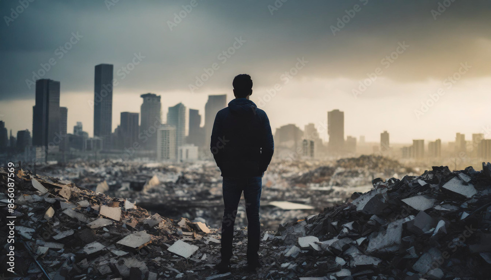 man stands with his back to the viewer, overlooking a devastated, post-apocalyptic city skyline, symbolizing loneliness, survival, and the stark contrast between past civilization and present ruin man stands with his back to the viewer, overlooking a devastated, post-apocalyptic city skyline, symbolizing loneliness, survival, and the stark contrast between past civilization and present ruin
