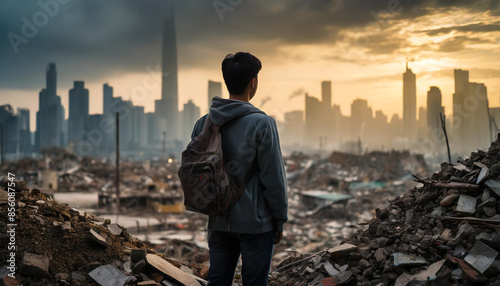 man stands with his back to the viewer, overlooking a devastated, post-apocalyptic city skyline, symbolizing loneliness, survival, and the stark contrast between past civilization and present ruin photo