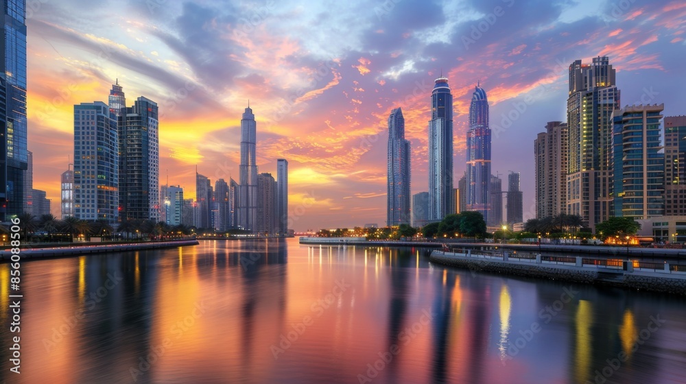 A stunning view of high-rise buildings along a riverbank at sunset, with the sky painted in warm hues.