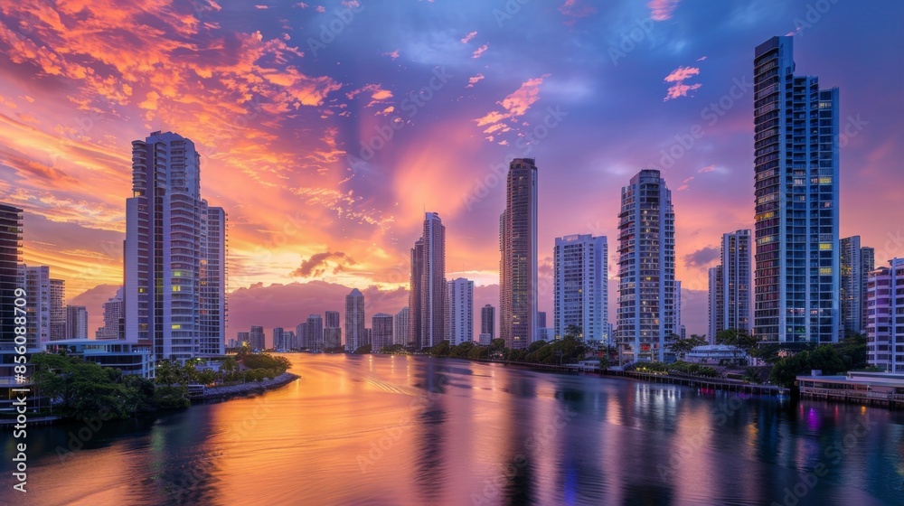 A stunning view of high-rise buildings along a riverbank at sunset, with the sky painted in warm hues. A stunning view of high-rise buildings along a riverbank at sunset, with the sky painted in warm hues.