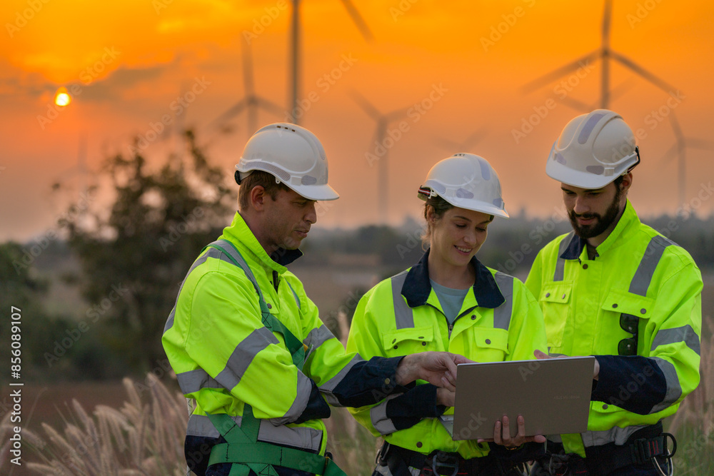 Team Engineers men and woman checking and inspecting on construction with sunset sky. people operation. Wind turbine for electrical of clean energy and environment. Industrial of sustainable. Team Engineers men and woman checking and inspecting on construction with sunset sky. people operation. Wind turbine for electrical of clean energy and environment. Industrial of sustainable.