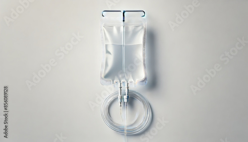 Medical IV drip bag against neutral background