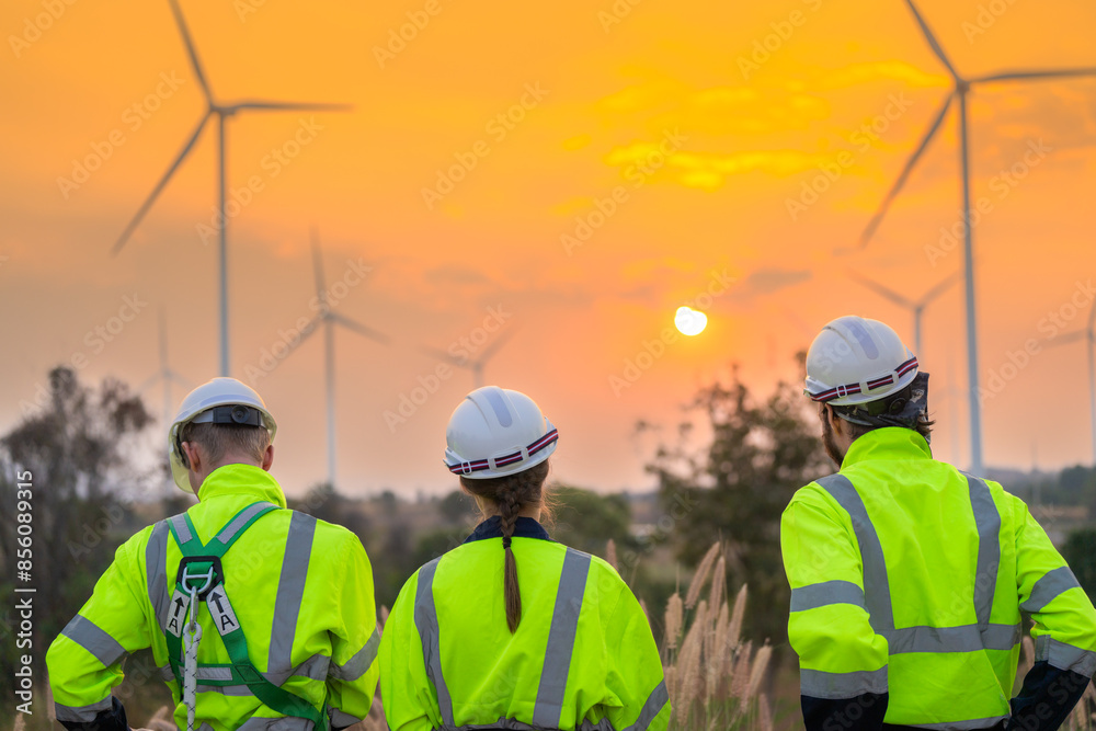 Team Engineers men and woman checking and inspecting on construction with sunset sky. people operation. Wind turbine for electrical of clean energy and environment. Industrial of sustainable. Team Engineers men and woman checking and inspecting on construction with sunset sky. people operation. Wind turbine for electrical of clean energy and environment. Industrial of sustainable.