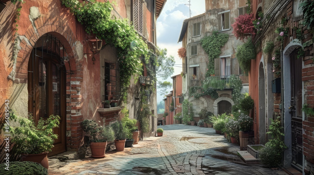 Italian village with a quiet cobblestone street surrounded by historic facades, 16:9 Italian village with a quiet cobblestone street surrounded by historic facades, 16:9