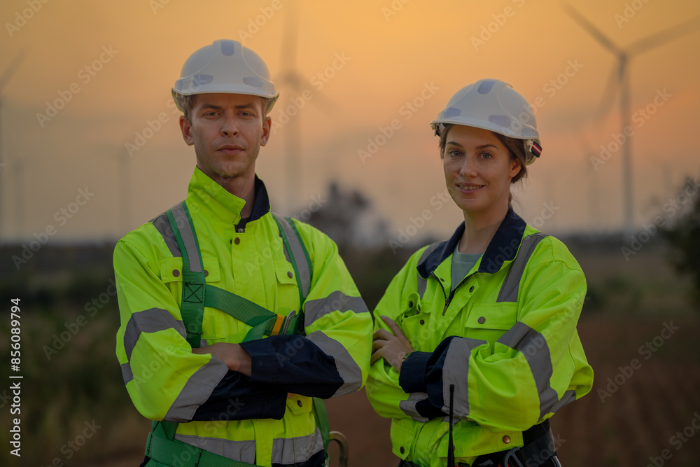 Team Engineers men and woman checking and inspecting on construction with sunset sky. people operation. Wind turbine for electrical of clean energy and environment. Industrial of sustainable. Team Engineers men and woman checking and inspecting on construction with sunset sky. people operation. Wind turbine for electrical of clean energy and environment. Industrial of sustainable.