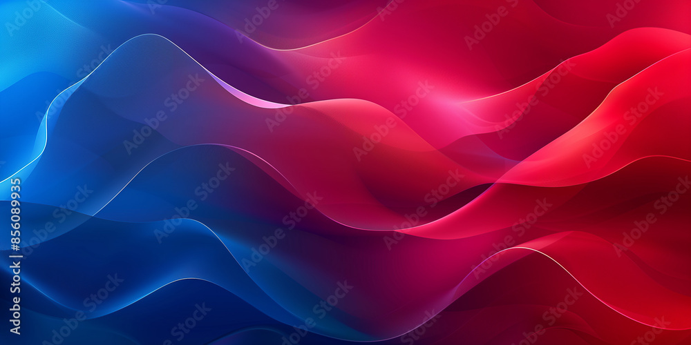 Fototapeta premium Rot-blauer Farbverlaufshintergrund mit Wellenelementen und Leuchteffekten, abstraktes Design mit großen leeren Bereichen zum Hervorheben von Produkten oder Bildern, Grafikdesin