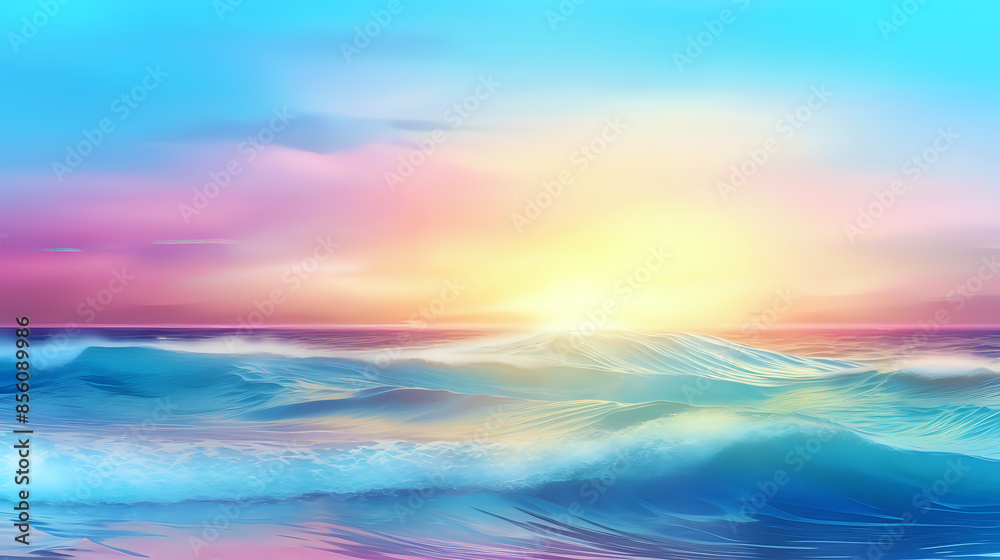 Majestic Sunrise Over Ocean Waves. A breathtaking illustration of the sun rising over the ocean, casting a golden glow on the waves, perfect for themes of new beginnings, nature's beauty Majestic Sunrise Over Ocean Waves. A breathtaking illustration of the sun rising over the ocean, casting a golden glow on the waves, perfect for themes of new beginnings, nature's beauty