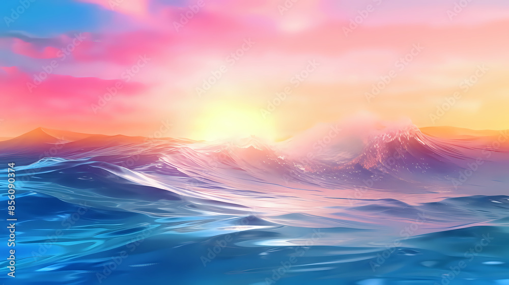 Obraz premium Sunset Ocean Waves. A breathtaking image capturing the serene yet dynamic nature of ocean waves at sunset. The sunlight reflects off the water, creating a spectrum of warm colors