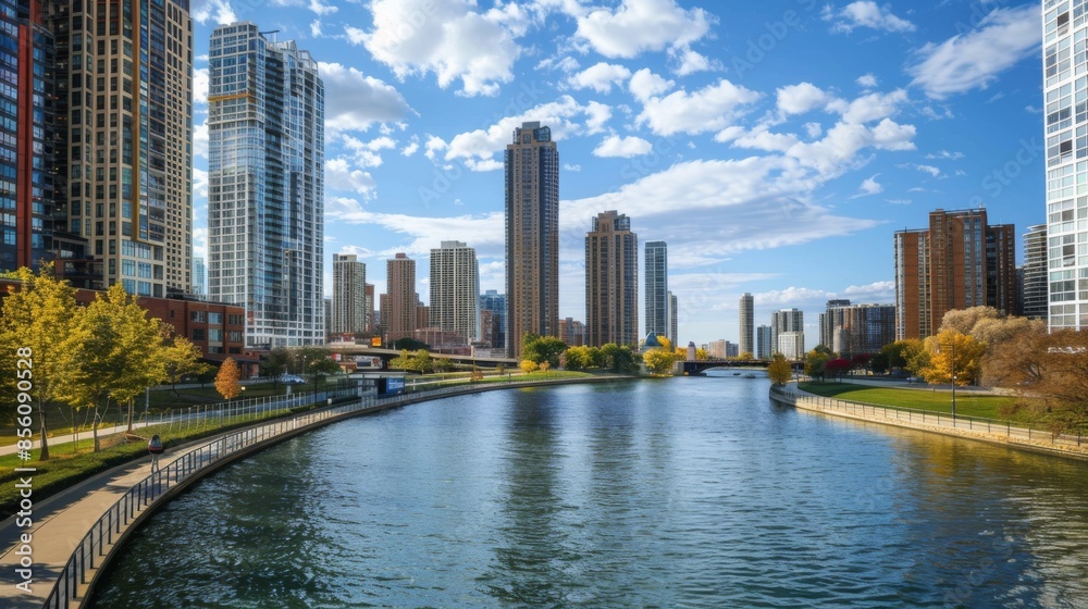 Fototapeta premium High-rise apartments and office buildings lining a scenic river, with a pedestrian walkway in the foreground.