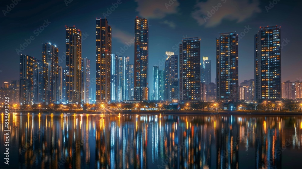 Naklejka premium High-rise buildings illuminated at night, with lights shimmering on the river's surface.