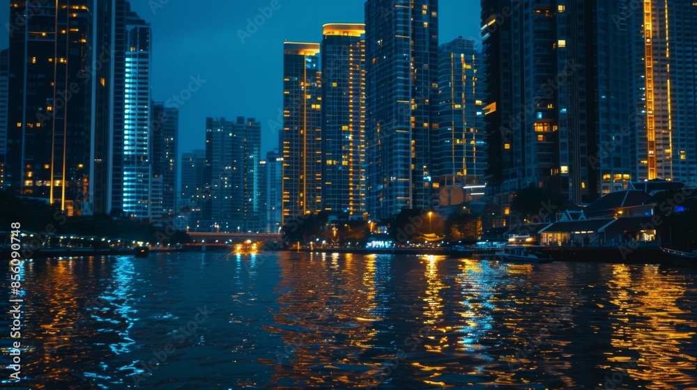 Fototapeta premium High-rise buildings illuminated at night, with lights shimmering on the river's surface.