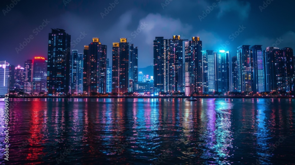 Obraz premium High-rise buildings illuminated at night, with lights shimmering on the river's surface.