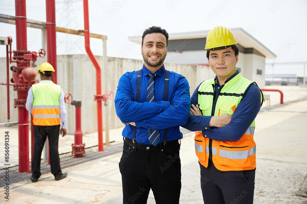 worker and businessman smiling and folded arms pose in the factory worker and businessman smiling and folded arms pose in the factory