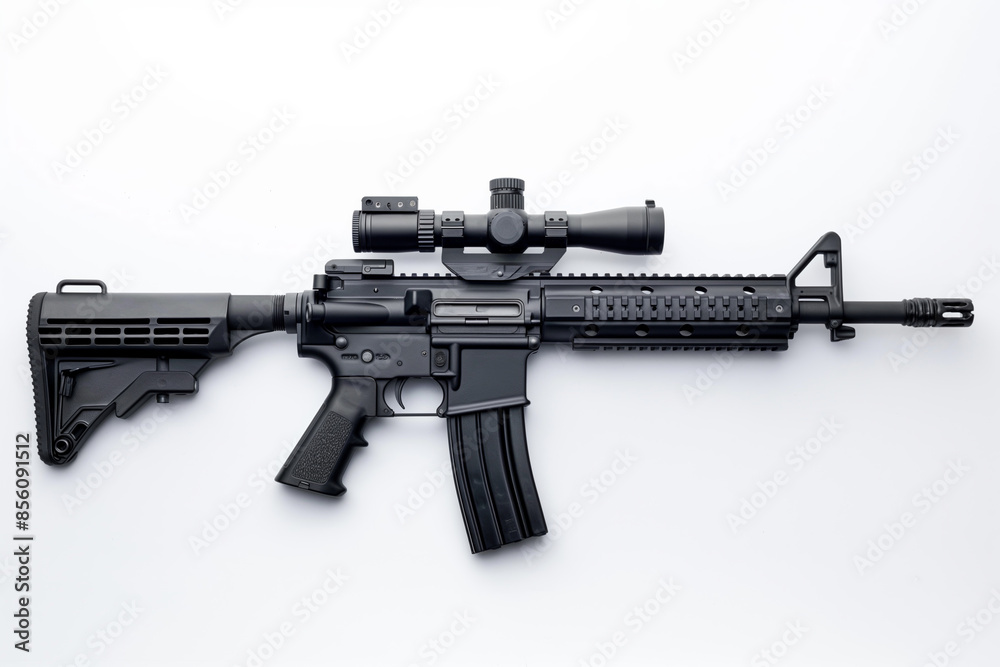 Tactical rifle with scope, modern firearm on plain white background, weapon concept Tactical rifle with scope, modern firearm on plain white background, weapon concept