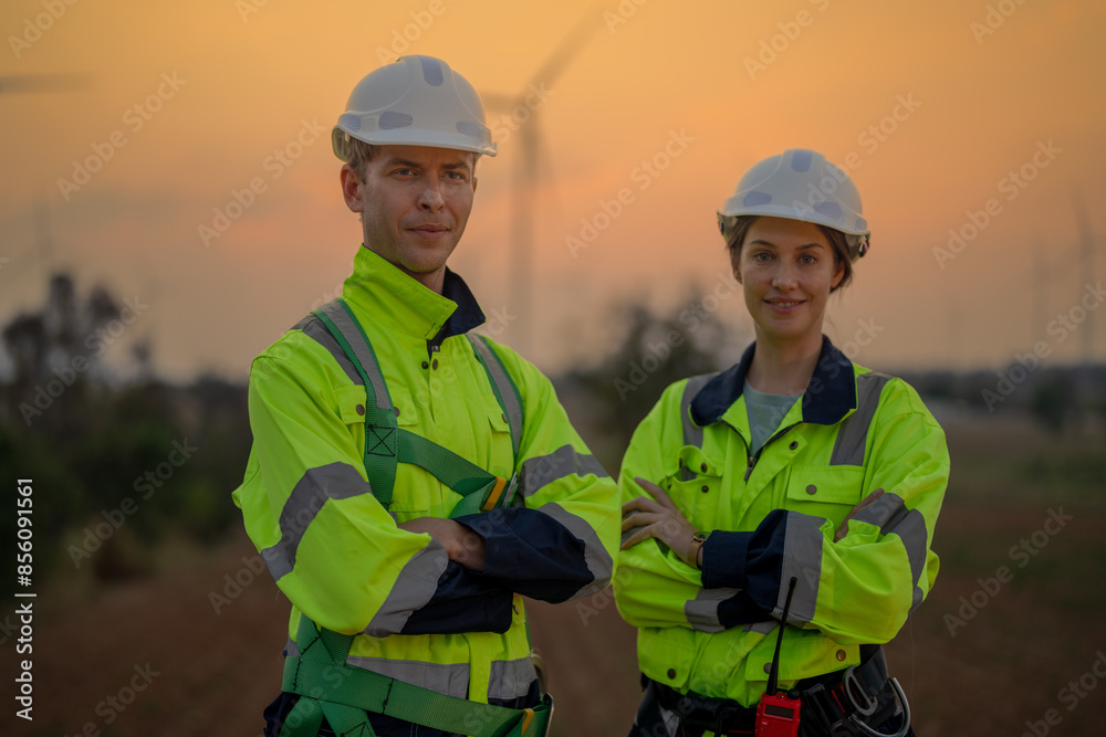 Team Engineers men and woman checking and inspecting on construction with sunset sky. people operation. Wind turbine for electrical of clean energy and environment. Industrial of sustainable. Team Engineers men and woman checking and inspecting on construction with sunset sky. people operation. Wind turbine for electrical of clean energy and environment. Industrial of sustainable.