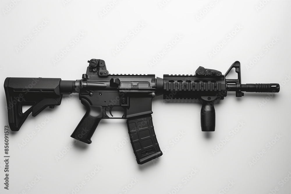 Assault rifle on white background, close-up of modern firearm, weapon concept Assault rifle on white background, close-up of modern firearm, weapon concept