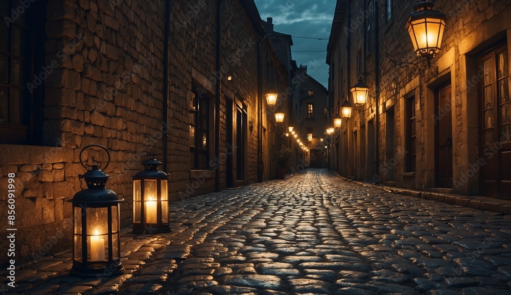 Fototapeta premium Cobblestone street at night with lamps